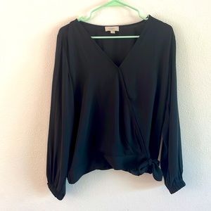 Long Sleeve Silly Black Loft Blouse with small tie detail and bunched sleeve